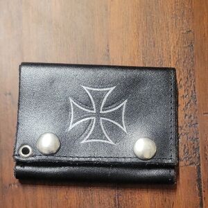 Trifold Black Leather Wallet with Silver Cross Design, Snap Button Close